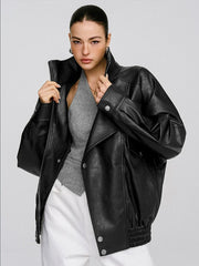 Collared Oversized PU Leather Jacket
