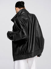 Collared Oversized PU Leather Jacket