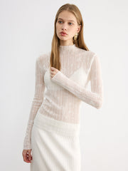 Wool Semi-Sheer Mock Neck Lace Top