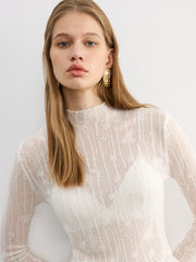 Wool Semi-Sheer Mock Neck Lace Top