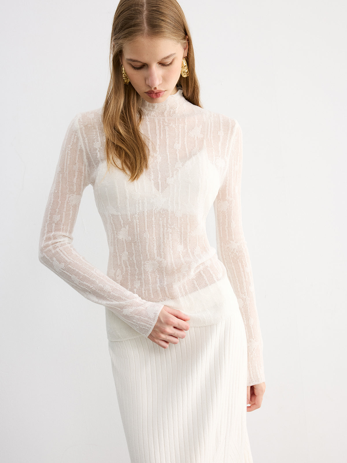 Wool Semi-Sheer Mock Neck Lace Top