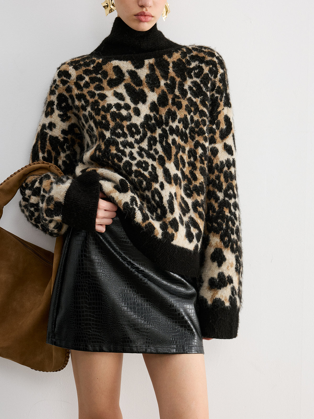 Wool Blend Leopard Turtleneck Knit Top