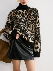 Wool Blend Leopard Turtleneck Knit Top