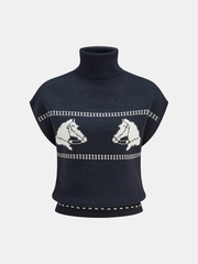 Horse-Pattern Cap Sleeve Turtleneck Sweater Vest