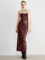 Lace Trim Faux Leather Skirt Set with Removable Straps