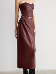 Lace Trim Faux Leather Skirt Set with Removable Straps