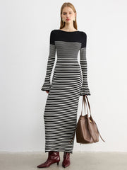 Flared Sleeve Color-Block Striped Knit Maxi Dress