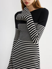 Flared Sleeve Color-Block Striped Knit Maxi Dress