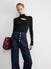 Button Placket High-Waist Straight-Leg Jeans