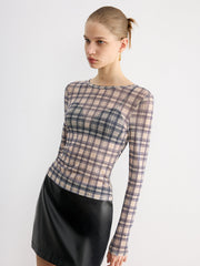 Plaid Sheer Long Sleeve Top