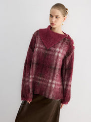 Wool Blend Plaid Asymmetric Collar Buttoned Sweater
