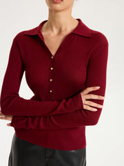 Wool-Blend Buttoned Long Sleeve Polo Knit Top