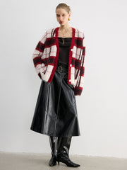 Knit Fluffy Checkered Cardigan