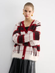 Knit Fluffy Checkered Cardigan