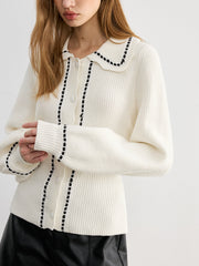 Back Bow Contrast Trim Collared Cardigan