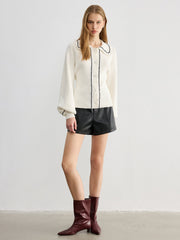 Back Bow Contrast Trim Collared Cardigan