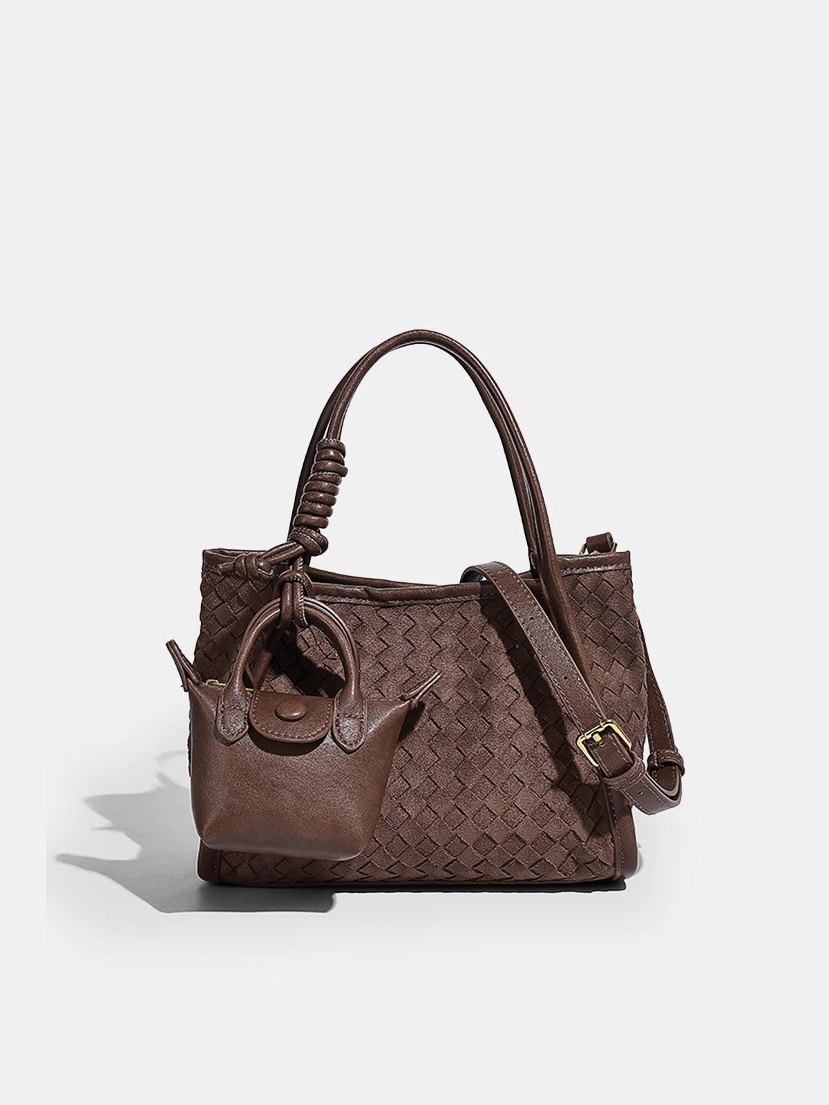 Woven Faux Leather Tote Bag with Mini Bag Charm