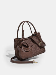 Woven Faux Leather Tote Bag with Mini Bag Charm