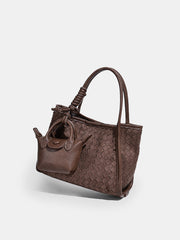 Woven Faux Leather Tote Bag with Mini Bag Charm