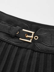 Belt-Decor Pleated Midi Skirt