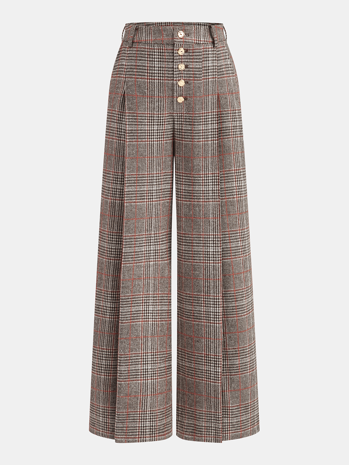 Mid-Waist Plaid Metal Button Pants