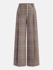 Mid-Waist Plaid Metal Button Pants