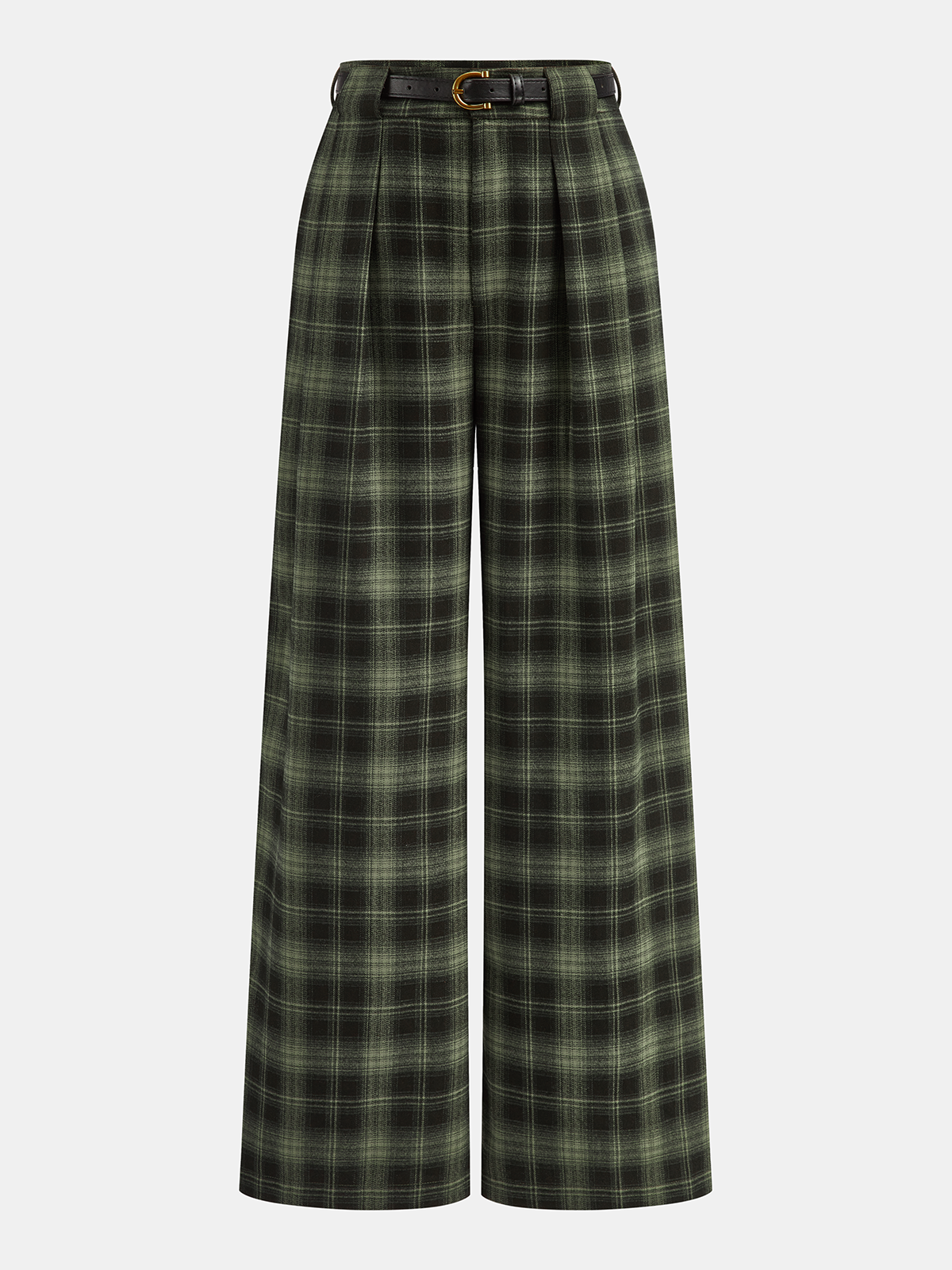 Belted Plaid Straight-Leg Pants