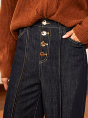 High-Waist Button Wide-Leg Denim Pants