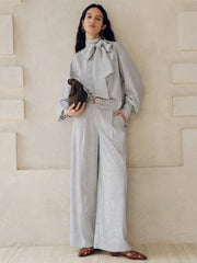 Belted Striped High-Waisted Wide-Leg Pants