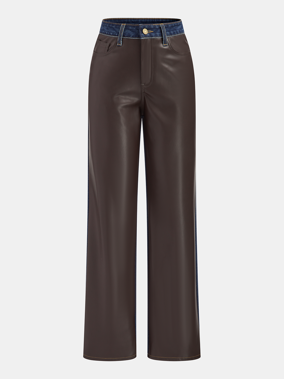 Denim Panel Faux Leather Straight-Leg Pants
