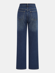Denim Panel Faux Leather Straight-Leg Pants