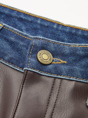 Denim Panel Faux Leather Straight-Leg Pants