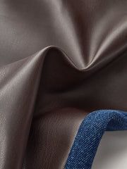 Denim Panel Faux Leather Straight-Leg Pants