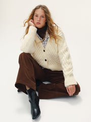 Wool Blend Cable Knit V-Neck Button Cardigan