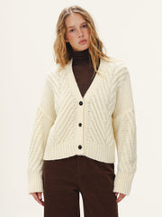 Wool Blend Cable Knit V-Neck Button Cardigan