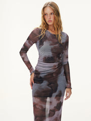 Tie-Dye Mesh Long Sleeve Maxi Dress