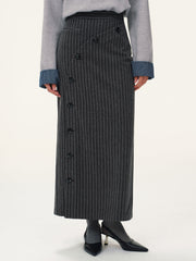 Asymmetric Button Striped Maxi Skirt