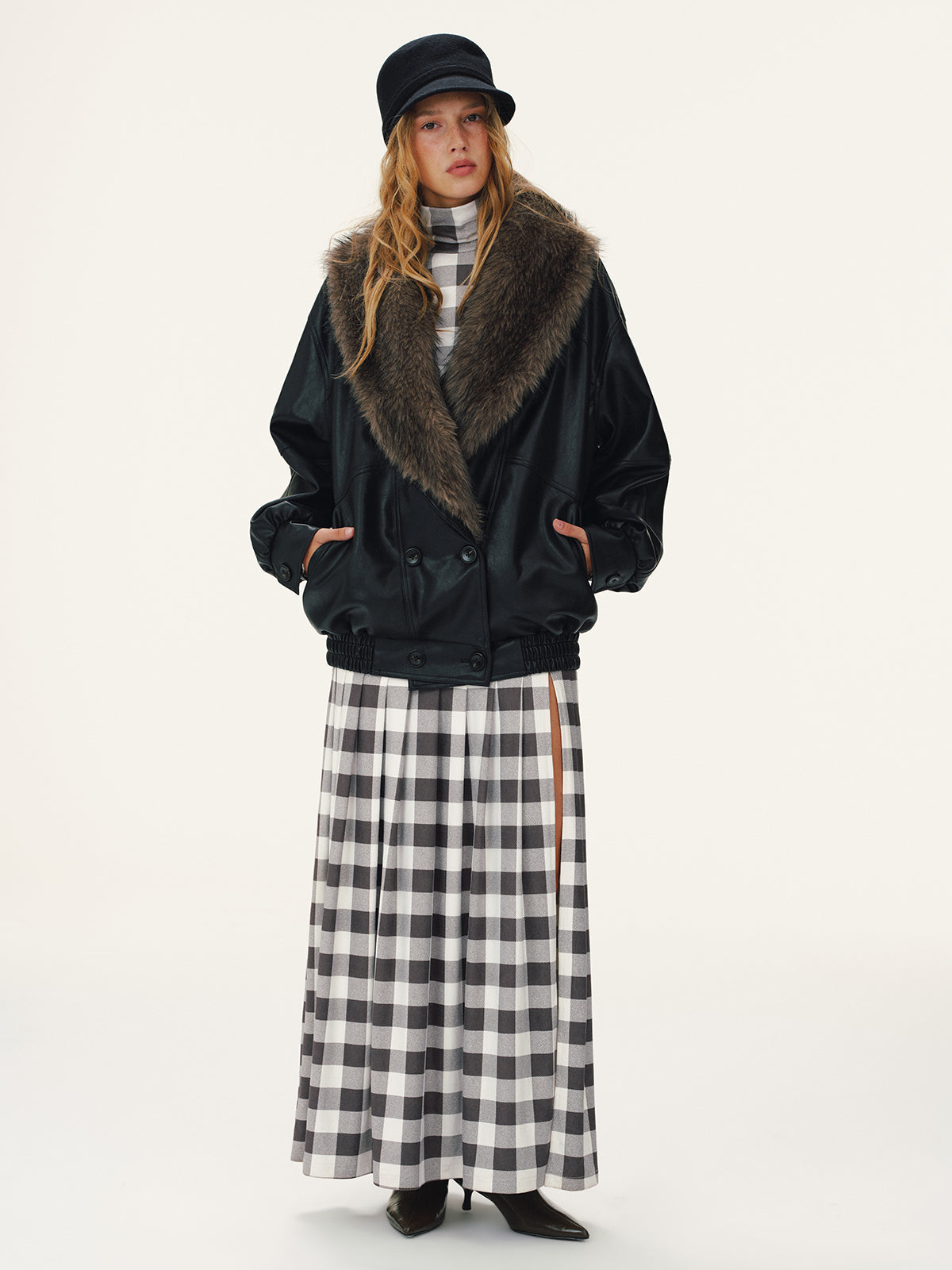 Detachable Faux Fur Collar Faux Leather Jacket