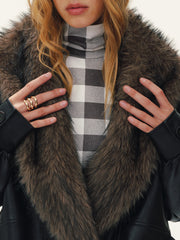 Detachable Faux Fur Collar Faux Leather Jacket