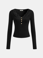 Lace Trim V-Neck Long-Sleeve Top