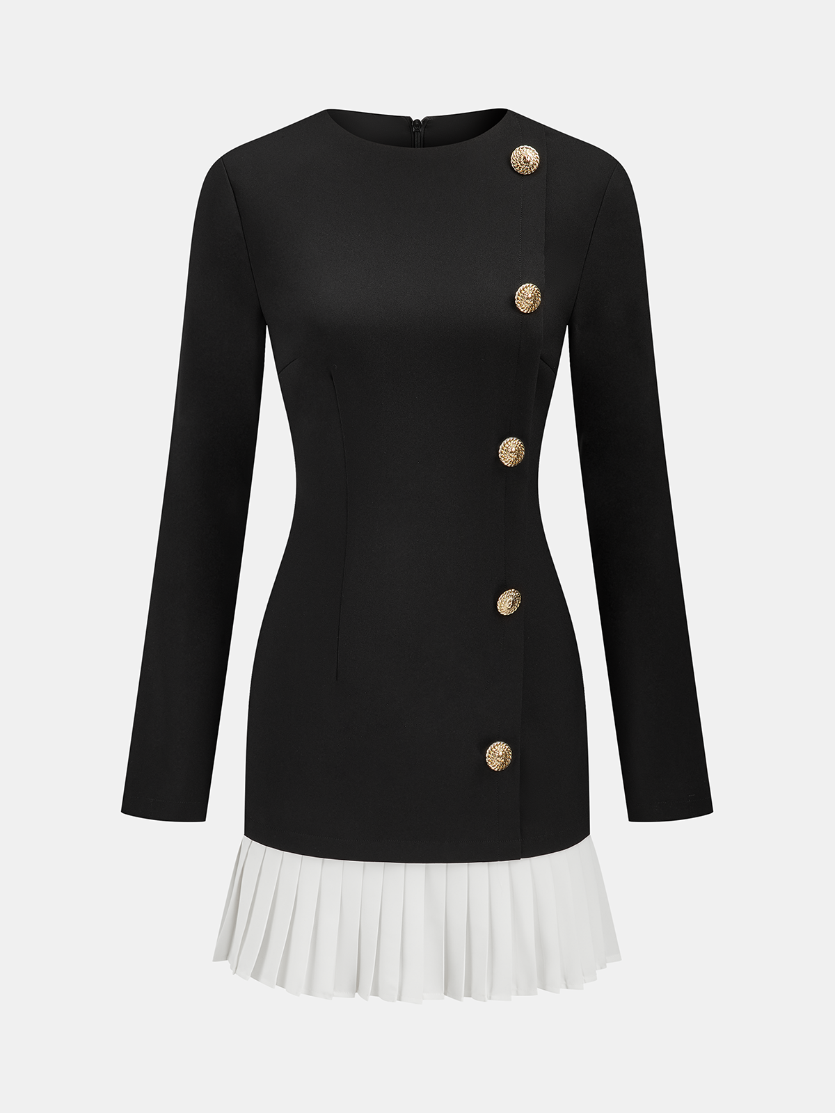 Pleated Hem Panel Asymmetric Metal Detail Mini Dress