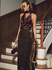 Leopard Print Velvet Mermaid Hem Maxi Skirt