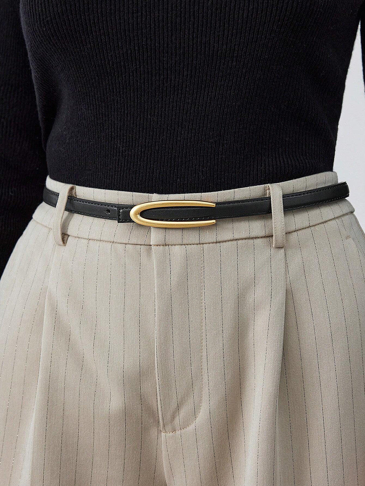 Gold Oval Buckle PU Leather Thin Belt