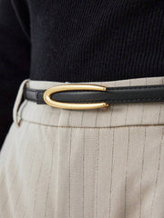 Gold Oval Buckle PU Leather Thin Belt