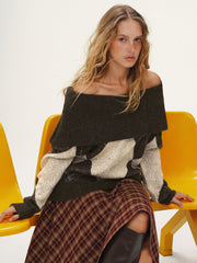 Argyle Pattern Off-Shoulder Sweater