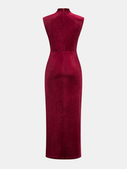 Sleeveless Side Slit Velvet Mock Neck Maxi Dress