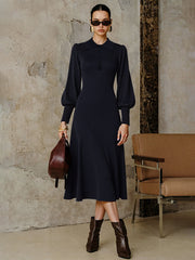 Leg-Of-Mutton Sleeve Wool Blend Collared Midi Dress