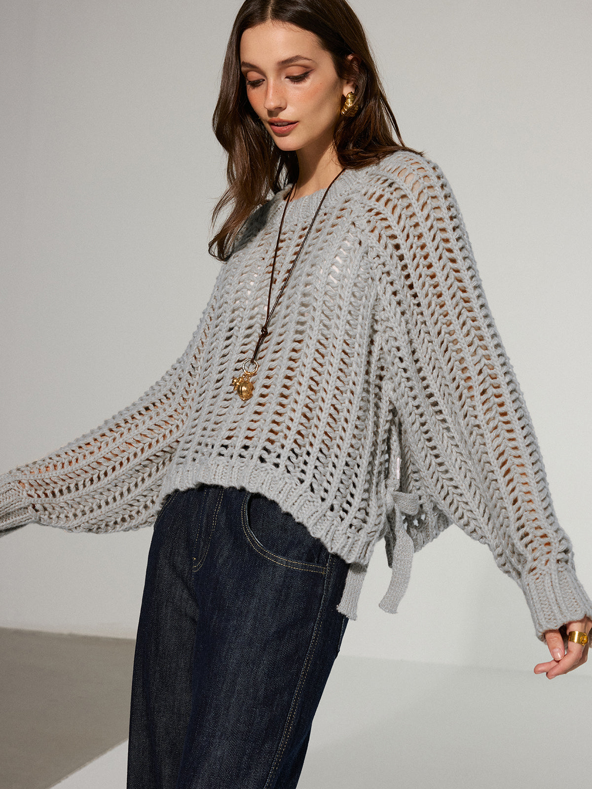 Side Tie Oversized Open-Knit Sweater