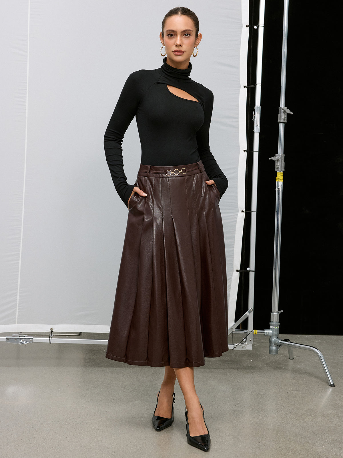 Pleated Faux Leather Maxi Skirt
