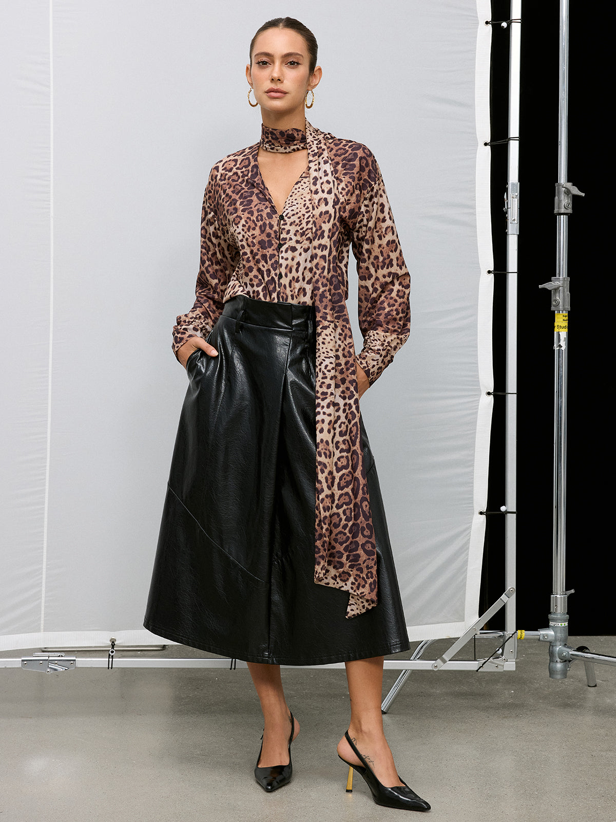 Tie Neck Leopard Print Long Sleeve Blouse